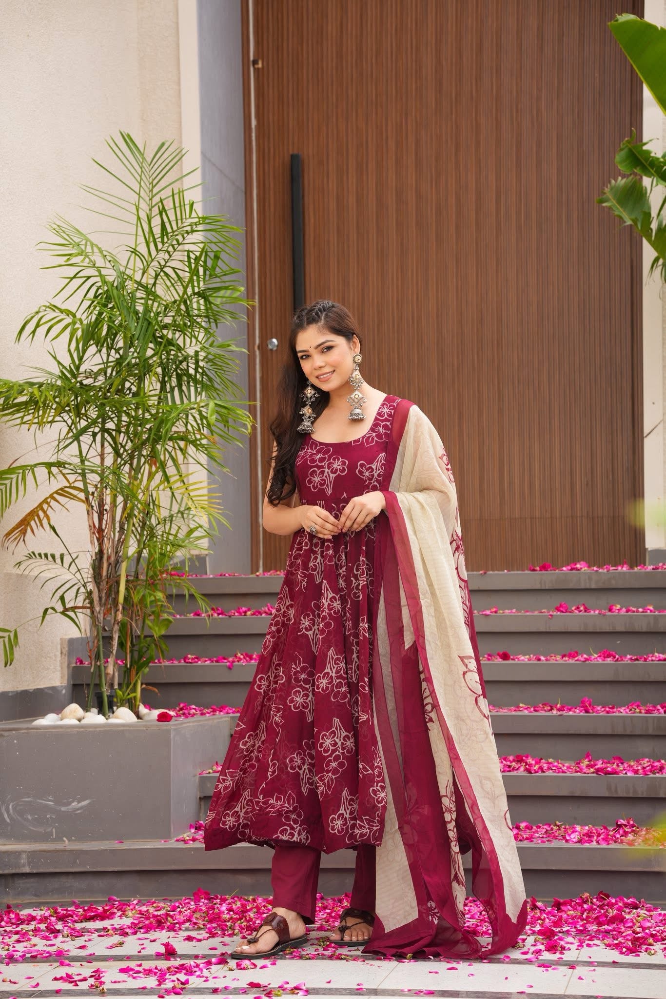 Maroon Blossom Organza Anarkali Suit Set
