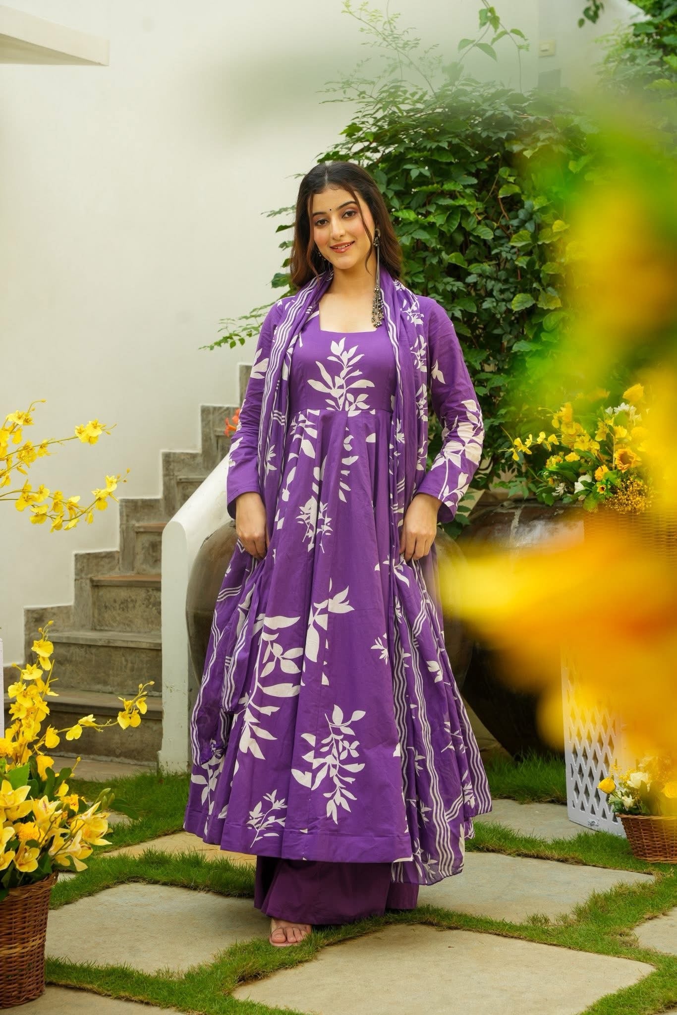 Budding Purple Cotton Anarkali Suit Set