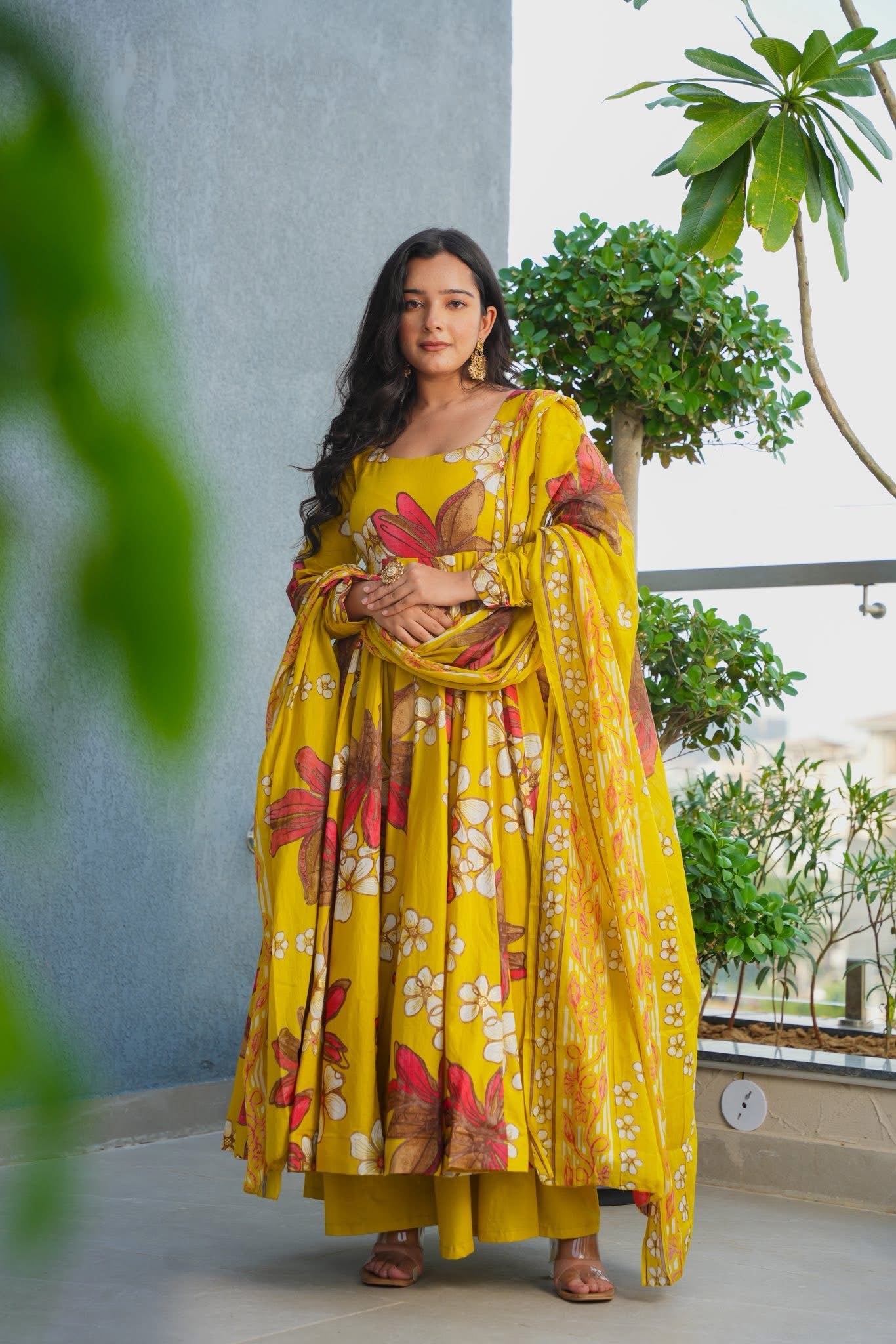 Pale Gold Cotton Anarkali Suit Set with Dupatta