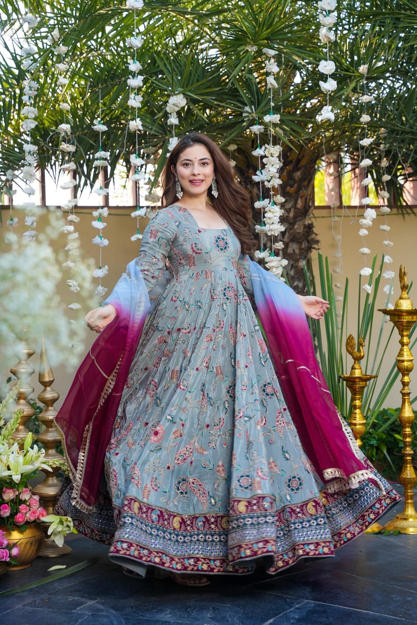 Morbagh Grey Heavy Embroidered Wedding Wear Maxi Set