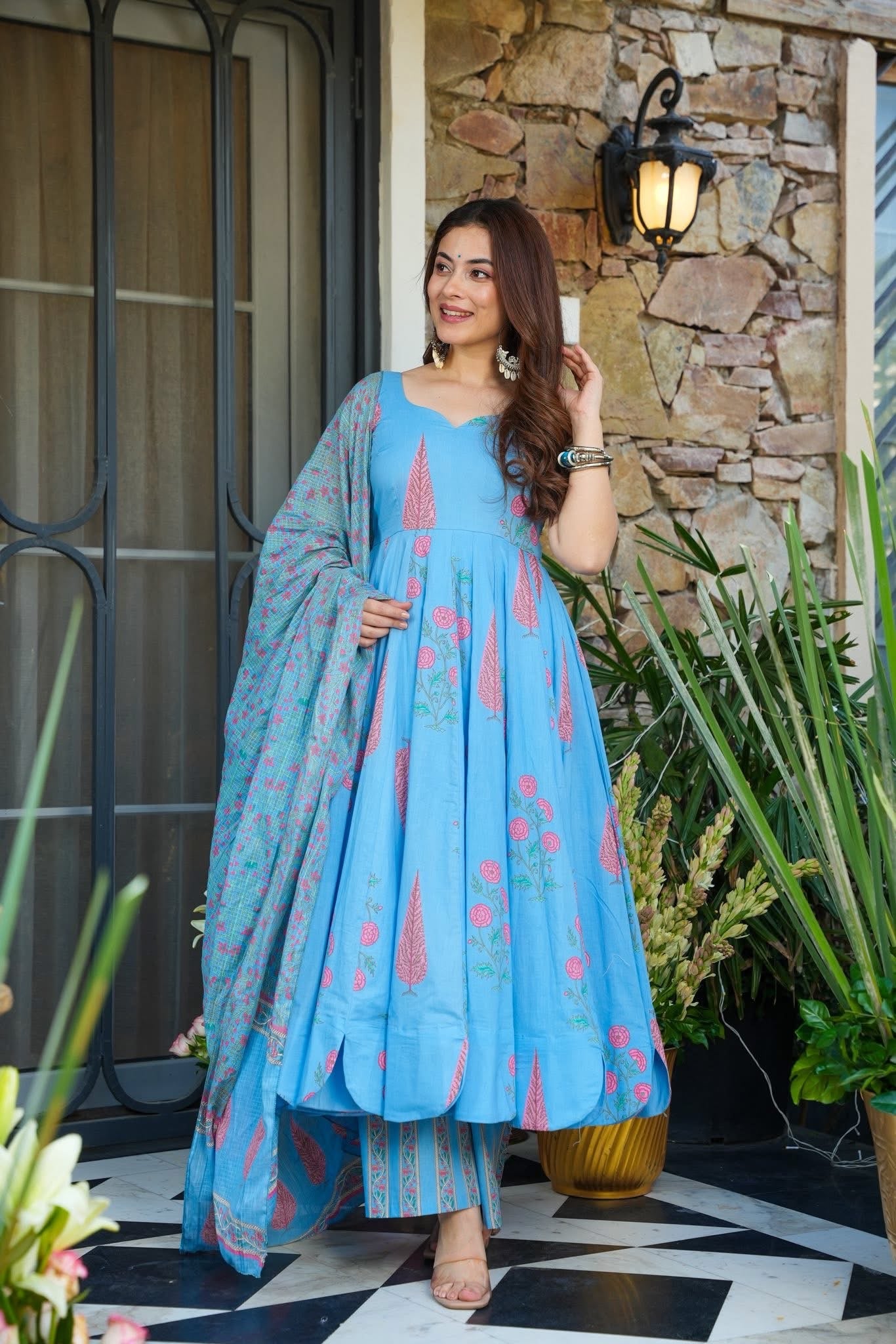 Gatika Printed Cotton Anarkali Suit Set