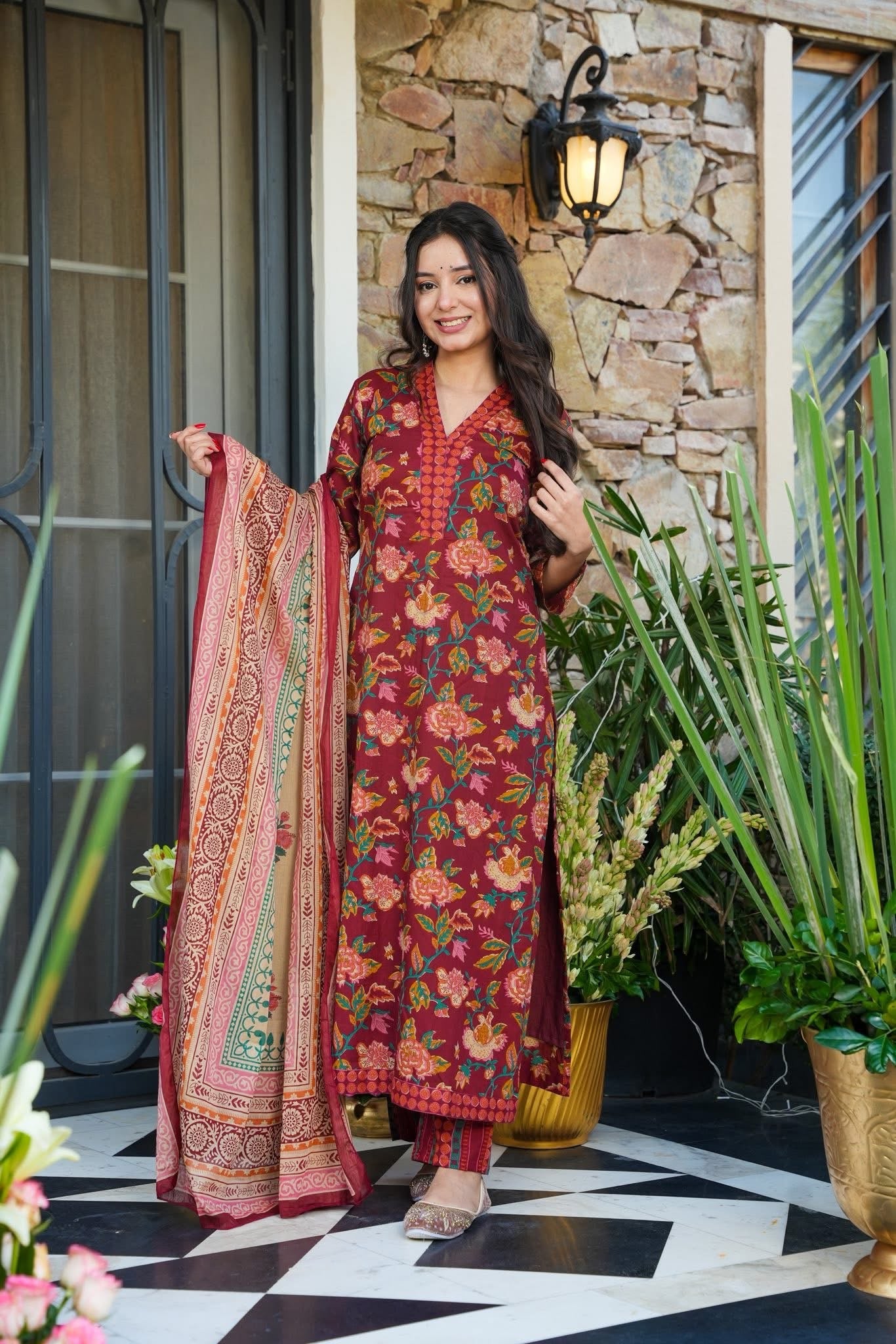 Surkhgul Cotton Straight Kurta Set