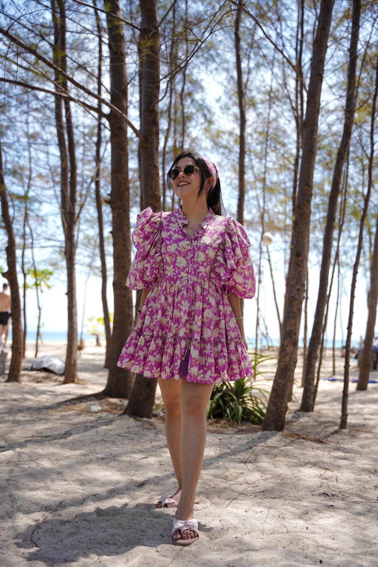 Lavender Designer Floral Lily Cotton Midi Dress